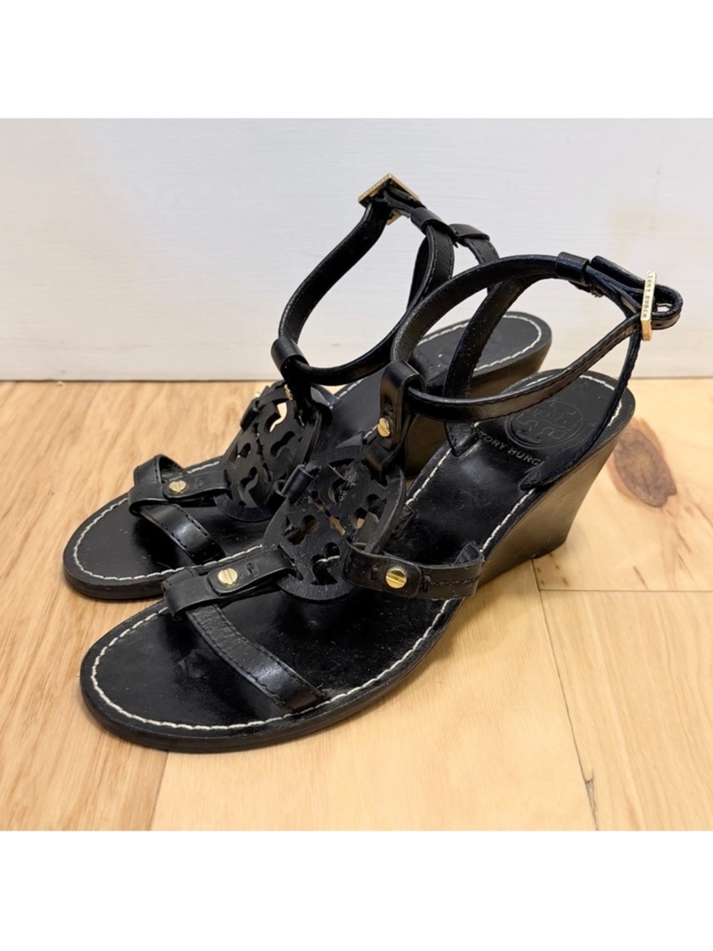 Tory Burch Women’s Black Leather Miller Logo Wedge Ankle Strap Sandals